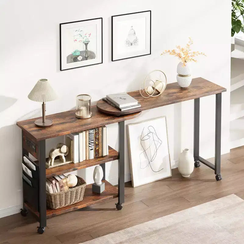 Garvee 360 Rotating Side Table with Charging Station, Swivel End Table with Storage Bag and 6 Lockable Wheels, Movable Table for Bedroom Living Room