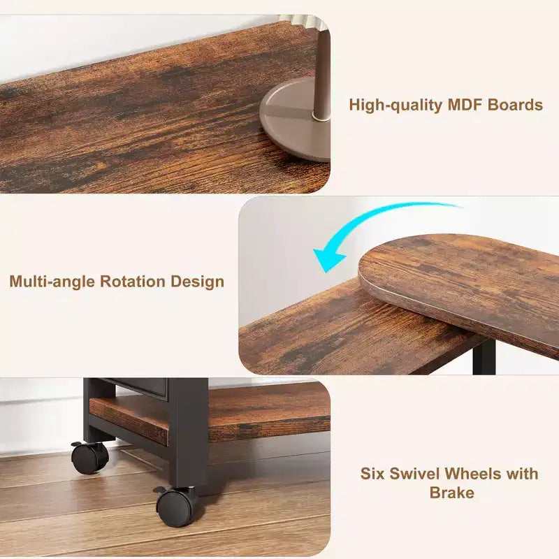 Garvee 360 Rotating Side Table with Charging Station, Swivel End Table with Storage Bag and 6 Lockable Wheels, Movable Table for Bedroom Living Room