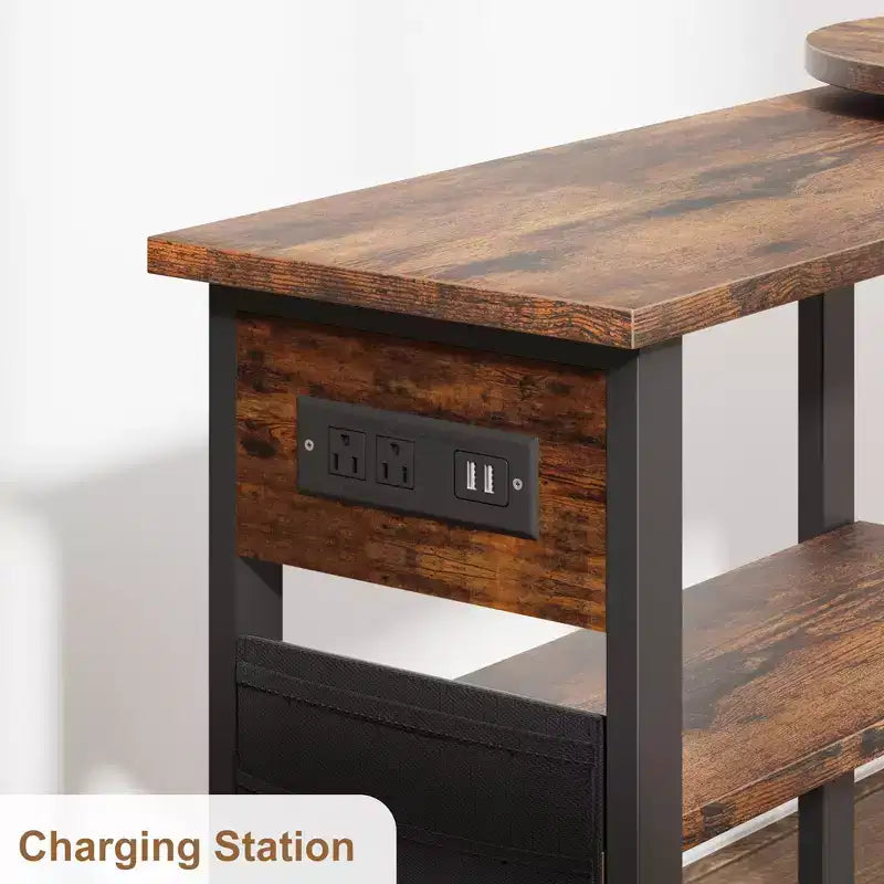 Garvee 360 Rotating Side Table with Charging Station, Swivel End Table with Storage Bag and 6 Lockable Wheels, Movable Table for Bedroom Living Room