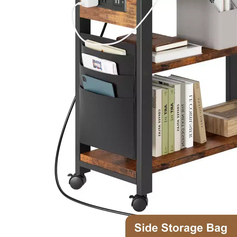 Garvee 360 Rotating Side Table with Charging Station, Swivel End Table with Storage Bag and 6 Lockable Wheels, Movable Table for Bedroom Living Room