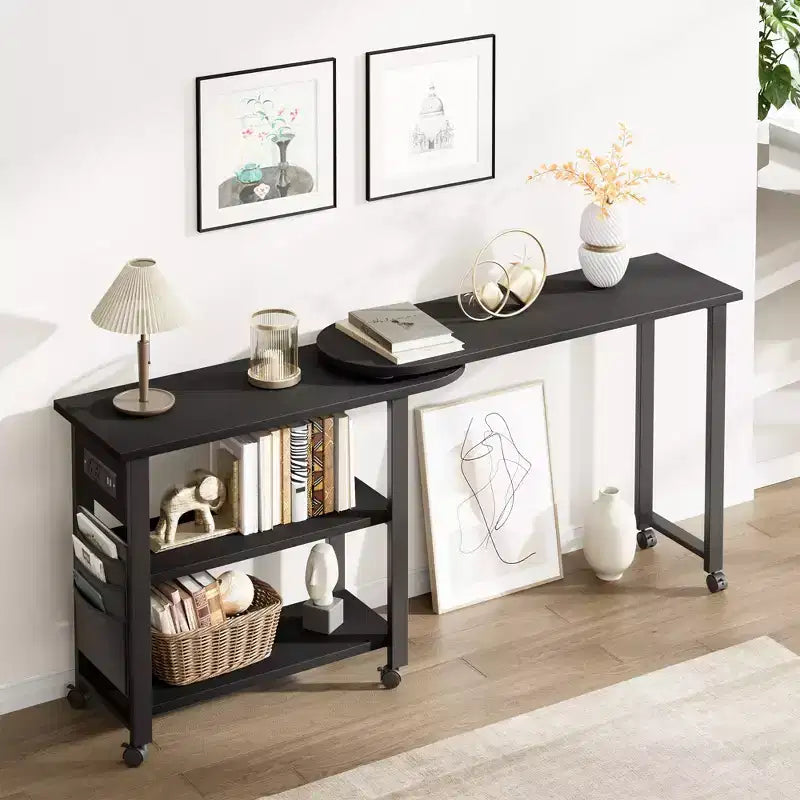 Garvee 360 Rotating Side Table with Charging Station, Swivel End Table with Storage Bag and 6 Lockable Wheels, Movable Table for Bedroom Living Room