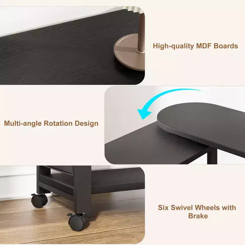 Garvee 360 Rotating Side Table with Charging Station, Swivel End Table with Storage Bag and 6 Lockable Wheels, Movable Table for Bedroom Living Room