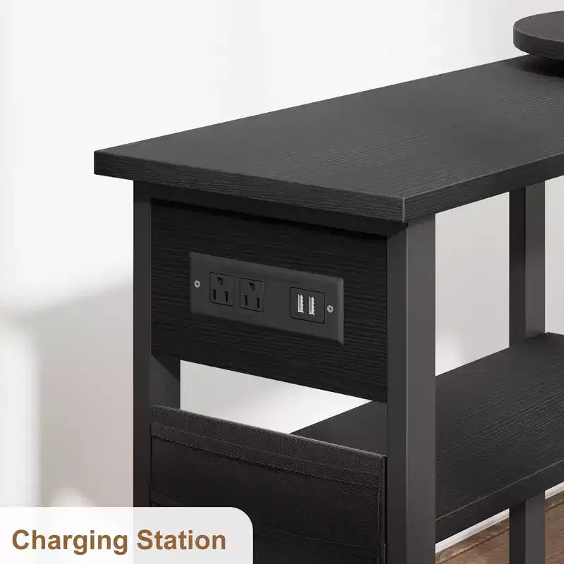 Garvee 360 Rotating Side Table with Charging Station, Swivel End Table with Storage Bag and 6 Lockable Wheels, Movable Table for Bedroom Living Room