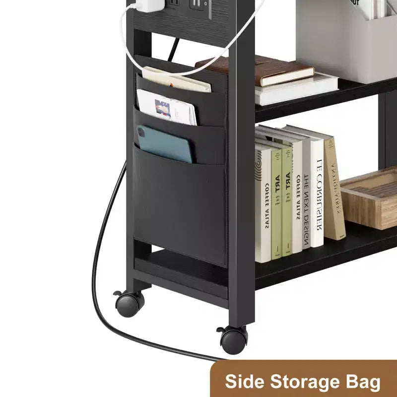 Garvee 360 Rotating Side Table with Charging Station, Swivel End Table with Storage Bag and 6 Lockable Wheels, Movable Table for Bedroom Living Room
