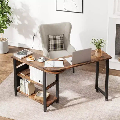 Garvee 360 Rotating Side Table with Charging Station, Swivel End Table with Storage Bag and 6 Lockable Wheels, Movable Table for Bedroom Living Room