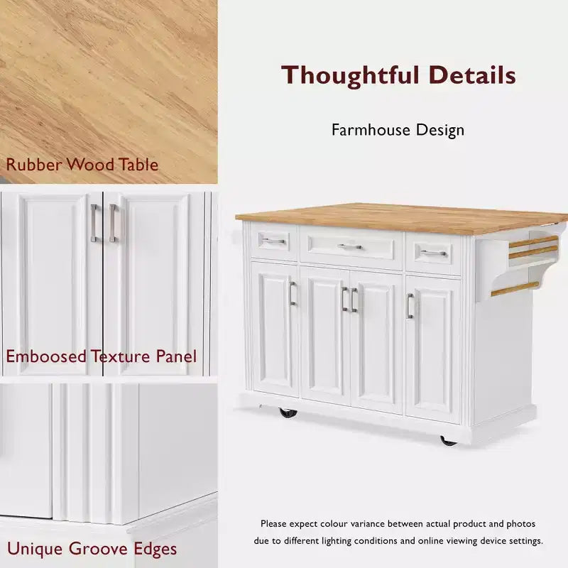 HomyCasa Rolling Kitchen Island with Wood Top and Storage Cabinets, White