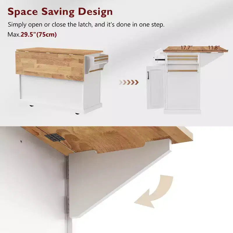 HomyCasa Rolling Kitchen Island with Wood Top and Storage Cabinets, White