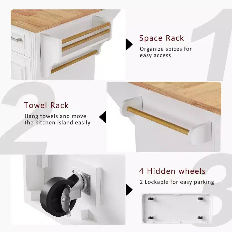 HomyCasa Rolling Kitchen Island with Wood Top and Storage Cabinets, White