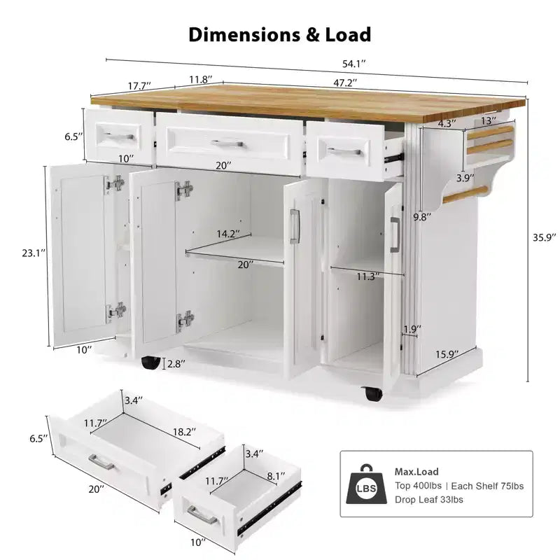 HomyCasa Rolling Kitchen Island with Wood Top and Storage Cabinets, White