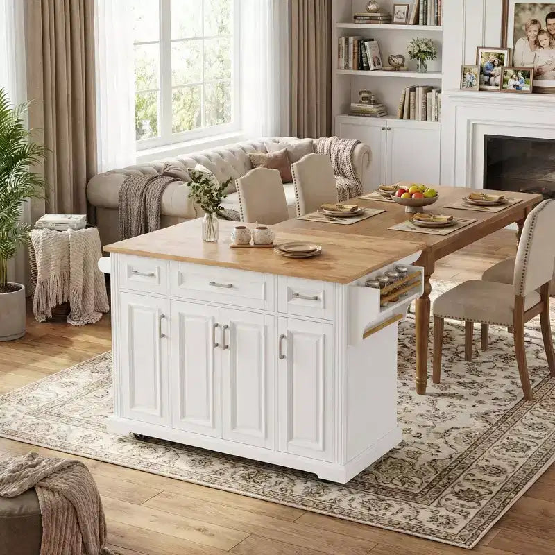 HomyCasa Rolling Kitchen Island with Wood Top and Storage Cabinets, White