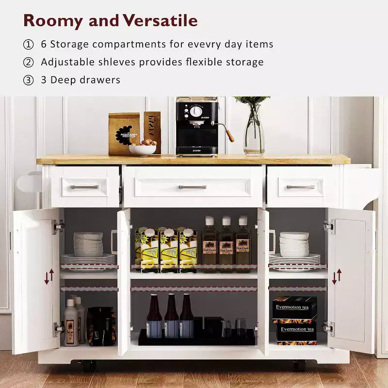 HomyCasa Rolling Kitchen Island with Wood Top and Storage Cabinets, White