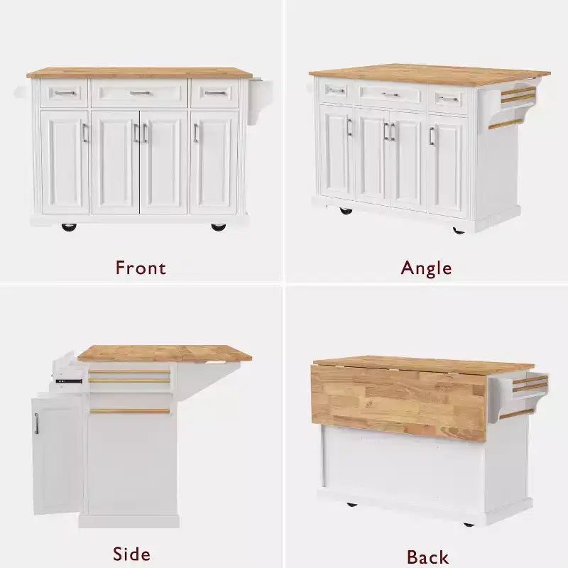 HomyCasa Rolling Kitchen Island with Wood Top and Storage Cabinets, White