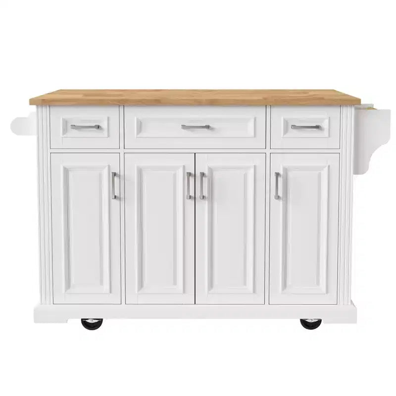 HomyCasa Rolling Kitchen Island with Wood Top and Storage Cabinets, White