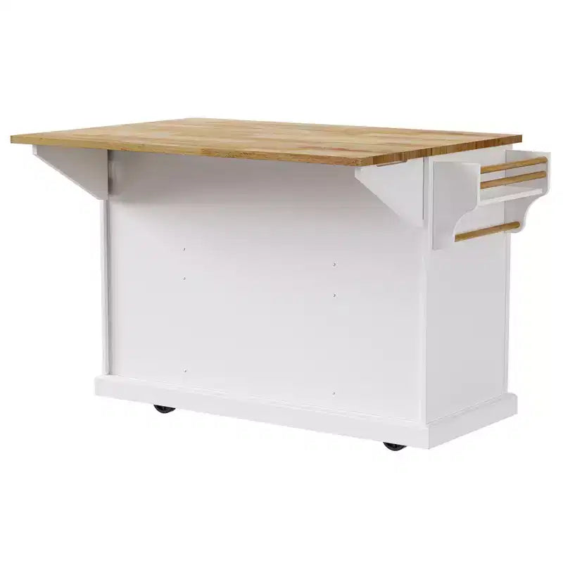 HomyCasa Rolling Kitchen Island with Wood Top and Storage Cabinets, White