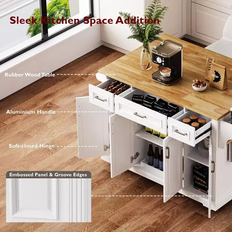 HomyCasa Rolling Kitchen Island with Wood Top and Storage Cabinets, White