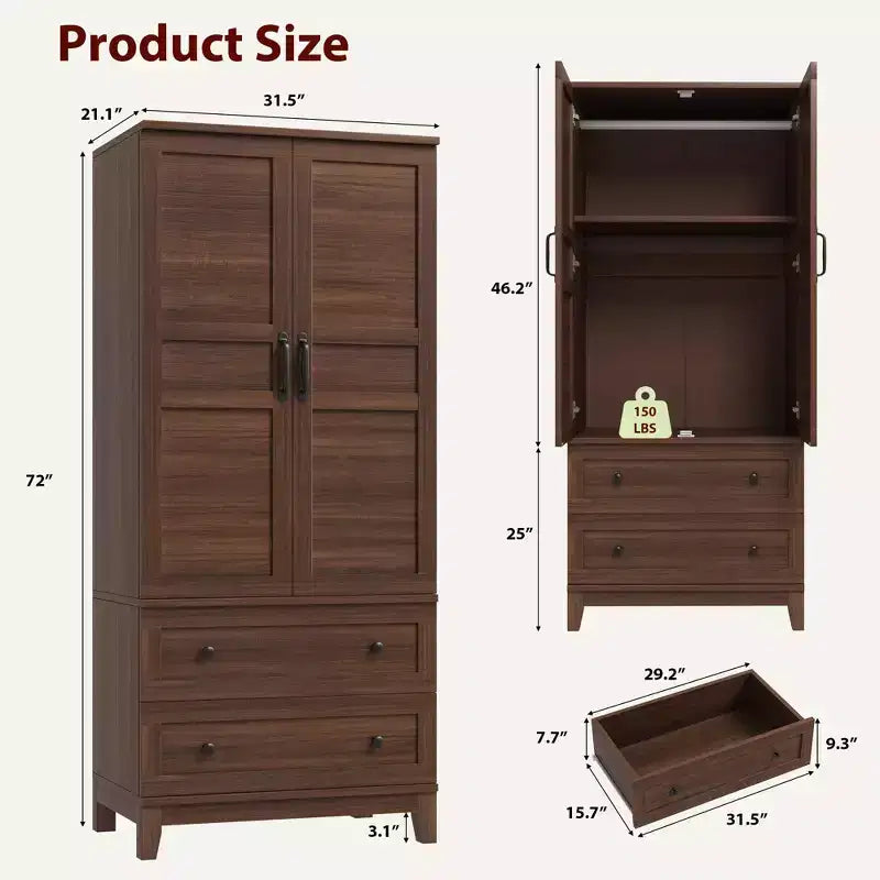 72 Wooden Armoire Wardrobe Closet with 2 Drawers, Hanging Rod, 18 Adjustable Shelves, and Doors for Bedroom Storage, Tall Clothing Cabinet