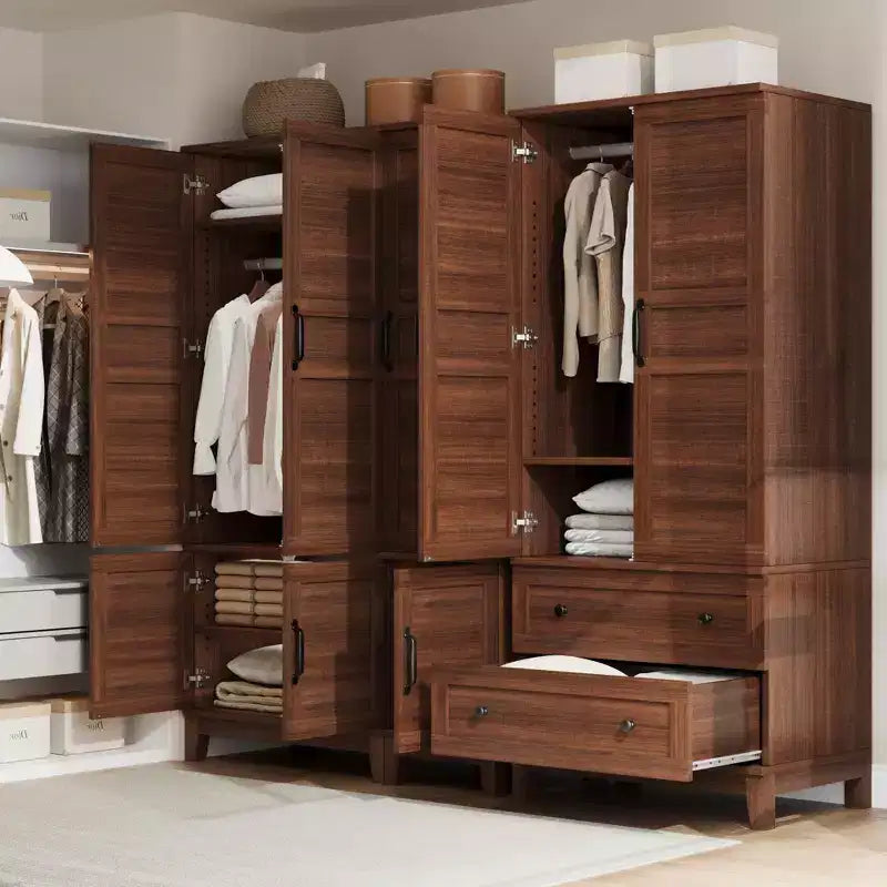 72 Wooden Armoire Wardrobe Closet with 2 Drawers, Hanging Rod, 18 Adjustable Shelves, and Doors for Bedroom Storage, Tall Clothing Cabinet