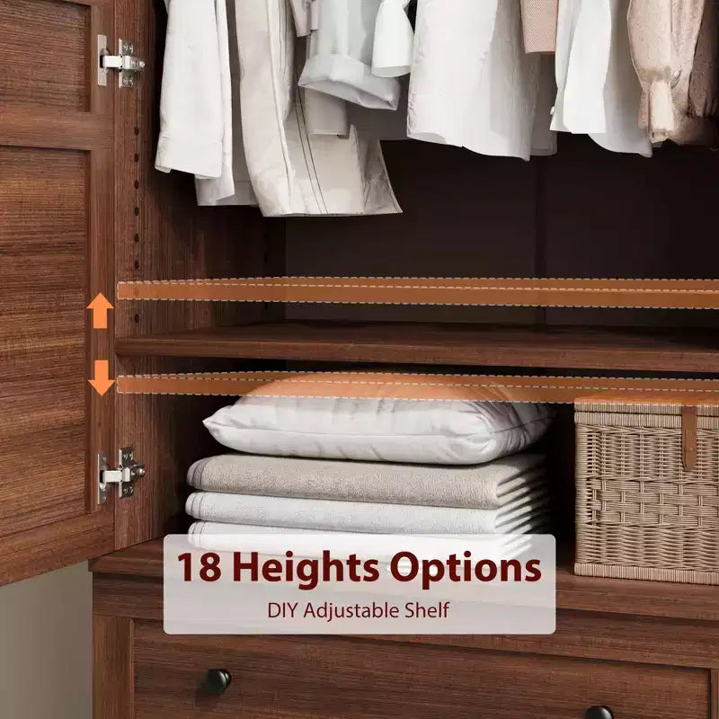 72 Wooden Armoire Wardrobe Closet with 2 Drawers, Hanging Rod, 18 Adjustable Shelves, and Doors for Bedroom Storage, Tall Clothing Cabinet