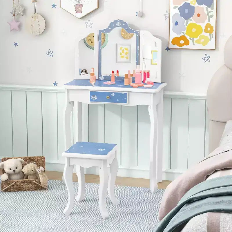 BALHAM TRADE-Kids Vanity Toddler Vanity Set with Tri Folding Mirror and Stool for Little Girls