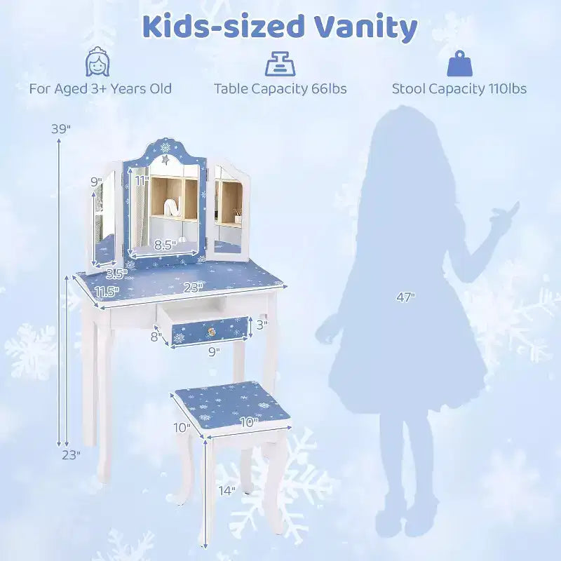 BALHAM TRADE-Kids Vanity Toddler Vanity Set with Tri Folding Mirror and Stool for Little Girls