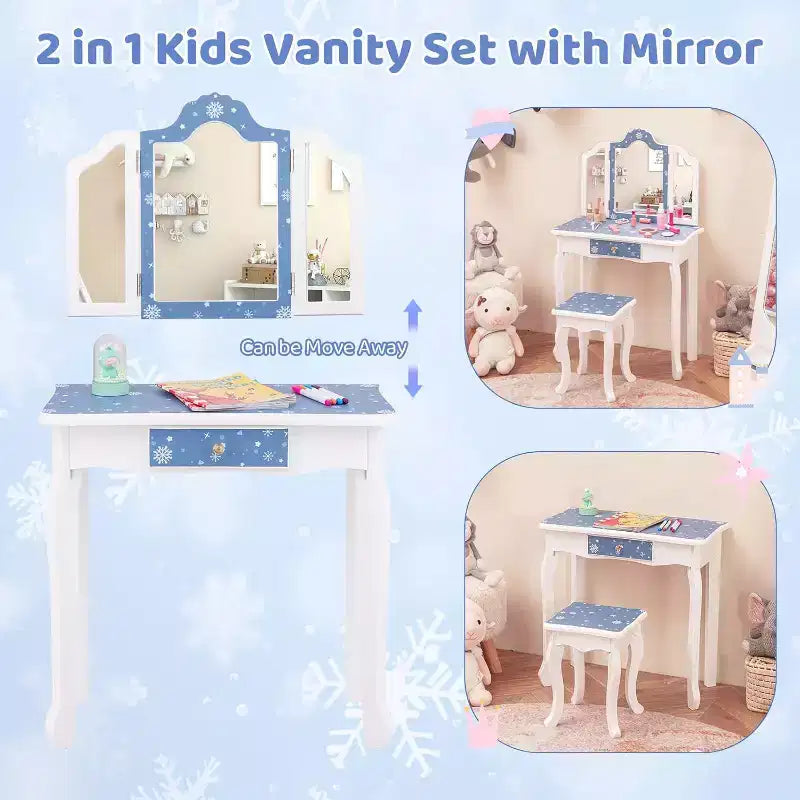 BALHAM TRADE-Kids Vanity Toddler Vanity Set with Tri Folding Mirror and Stool for Little Girls