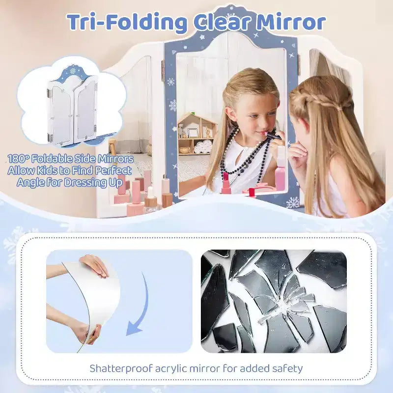 BALHAM TRADE-Kids Vanity Toddler Vanity Set with Tri Folding Mirror and Stool for Little Girls