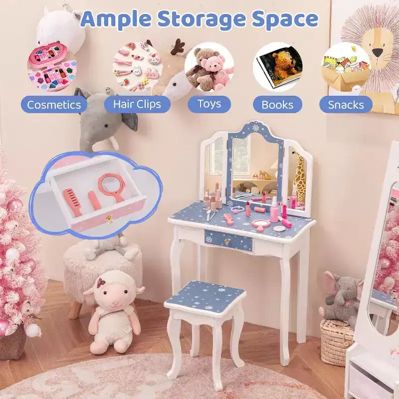 BALHAM TRADE-Kids Vanity Toddler Vanity Set with Tri Folding Mirror and Stool for Little Girls