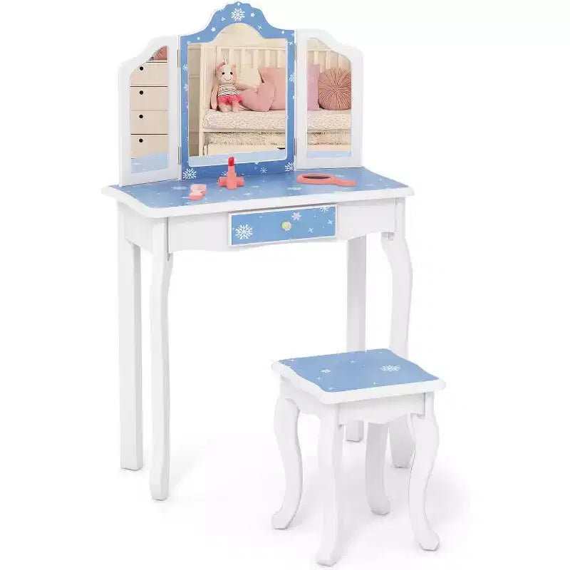 BALHAM TRADE-Kids Vanity Toddler Vanity Set with Tri Folding Mirror and Stool for Little Girls
