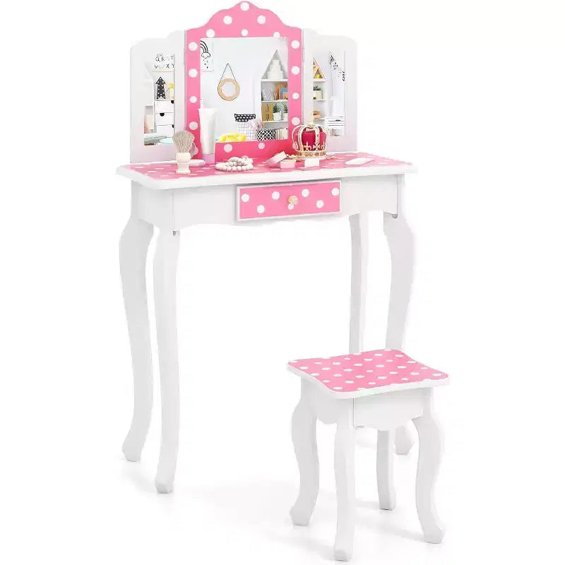 BALHAM TRADE-Kids Vanity Toddler Vanity Set with Tri Folding Mirror and Stool for Little Girls