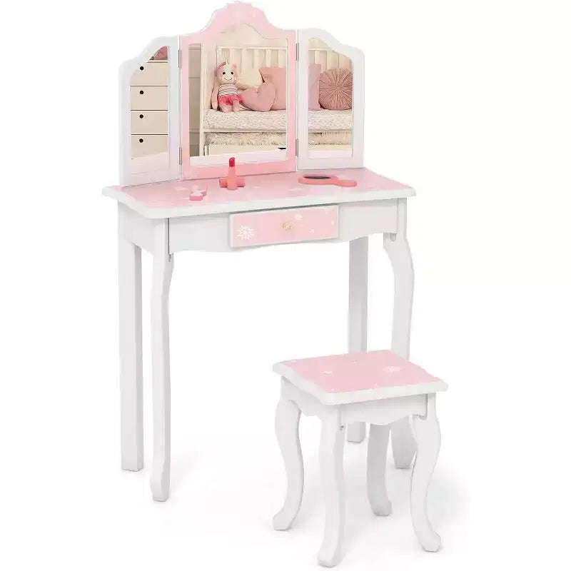 BALHAM TRADE-Kids Vanity Toddler Vanity Set with Tri Folding Mirror and Stool for Little Girls