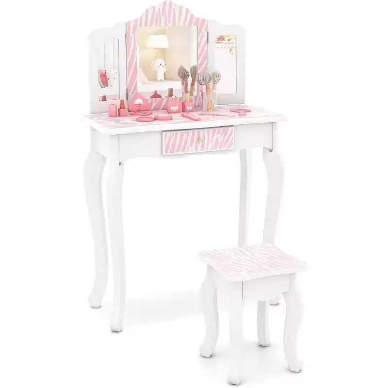 BALHAM TRADE-Kids Vanity Toddler Vanity Set with Tri Folding Mirror and Stool for Little Girls