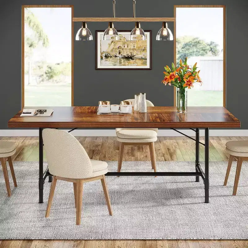 Lantine 70.9-Inch Rectangular Dining Table with Wooden Top and Metal Legs, Seats 6-8 People, Ideal for Home Kitchen and Living Room.