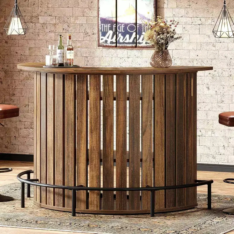 Lantine 4-Tier Bar Table, 39.4 H with Footrest, Arc-Shaped, Modern Wine Bar Cabinet for Home Pub, Living Room, Rustic Brown.