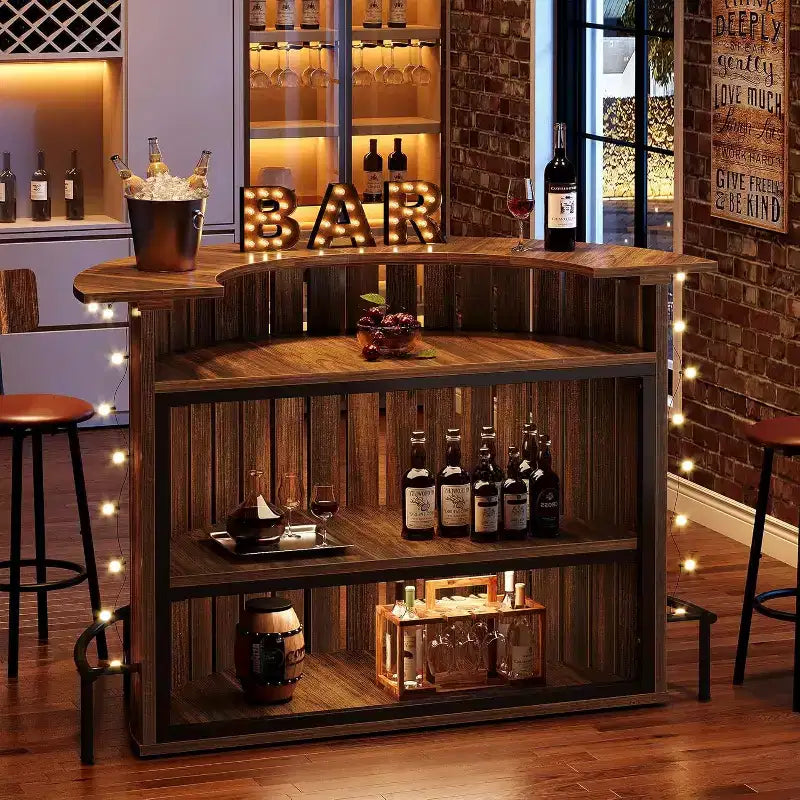 Lantine 4-Tier Bar Table, 39.4 H with Footrest, Arc-Shaped, Modern Wine Bar Cabinet for Home Pub, Living Room, Rustic Brown.