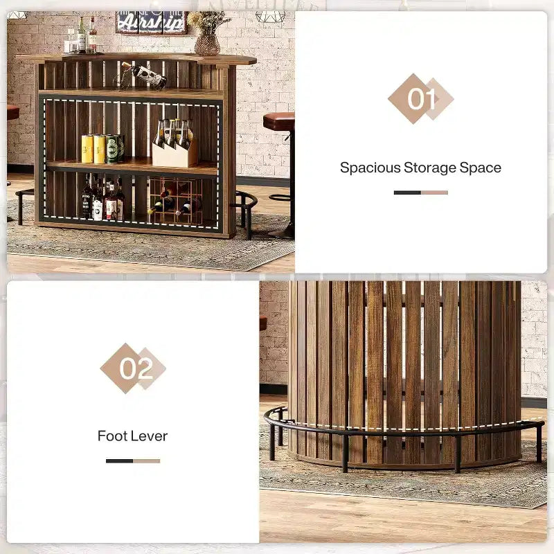 Lantine 4-Tier Bar Table, 39.4 H with Footrest, Arc-Shaped, Modern Wine Bar Cabinet for Home Pub, Living Room, Rustic Brown.