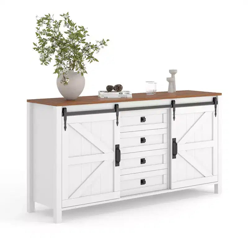 60 Farmhouse Sideboard Buffet Cabinet with Sliding Barn Doors & 4 Drawers, TV Stand Coffee Bar Console Table Kitchen Cabinet with Storage