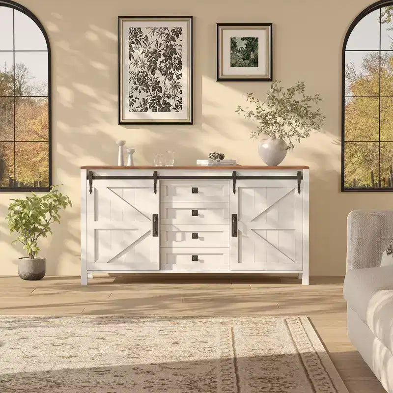 60 Farmhouse Sideboard Buffet Cabinet with Sliding Barn Doors & 4 Drawers, TV Stand Coffee Bar Console Table Kitchen Cabinet with Storage