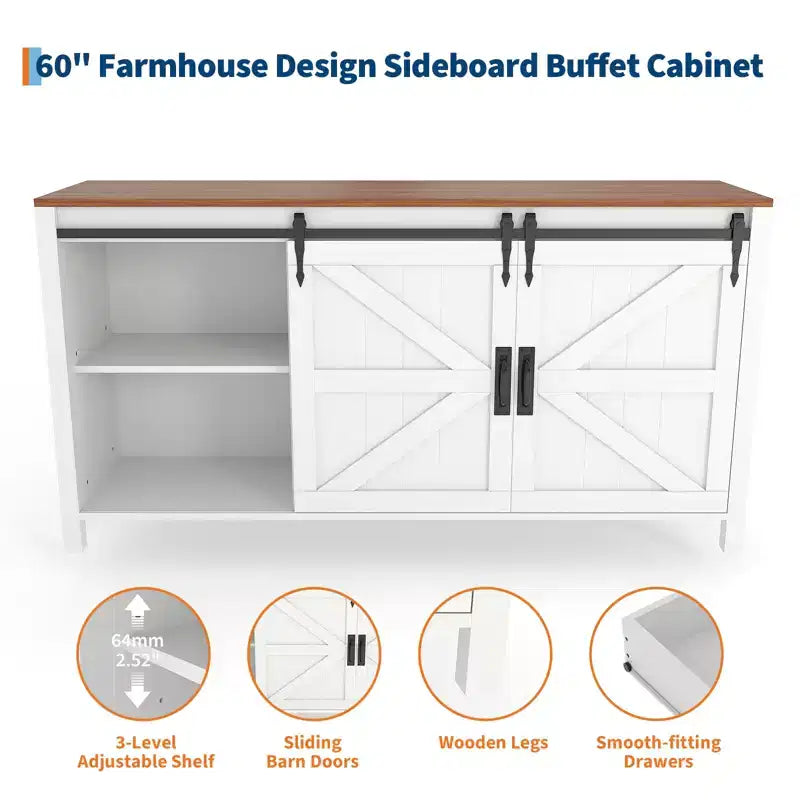 60 Farmhouse Sideboard Buffet Cabinet with Sliding Barn Doors & 4 Drawers, TV Stand Coffee Bar Console Table Kitchen Cabinet with Storage