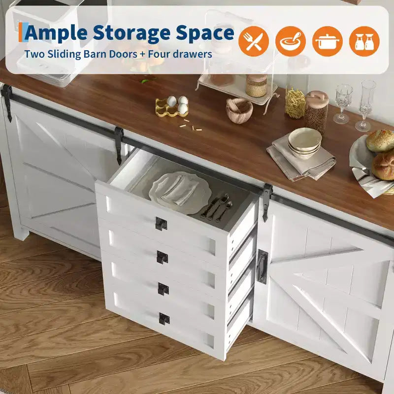 60 Farmhouse Sideboard Buffet Cabinet with Sliding Barn Doors & 4 Drawers, TV Stand Coffee Bar Console Table Kitchen Cabinet with Storage