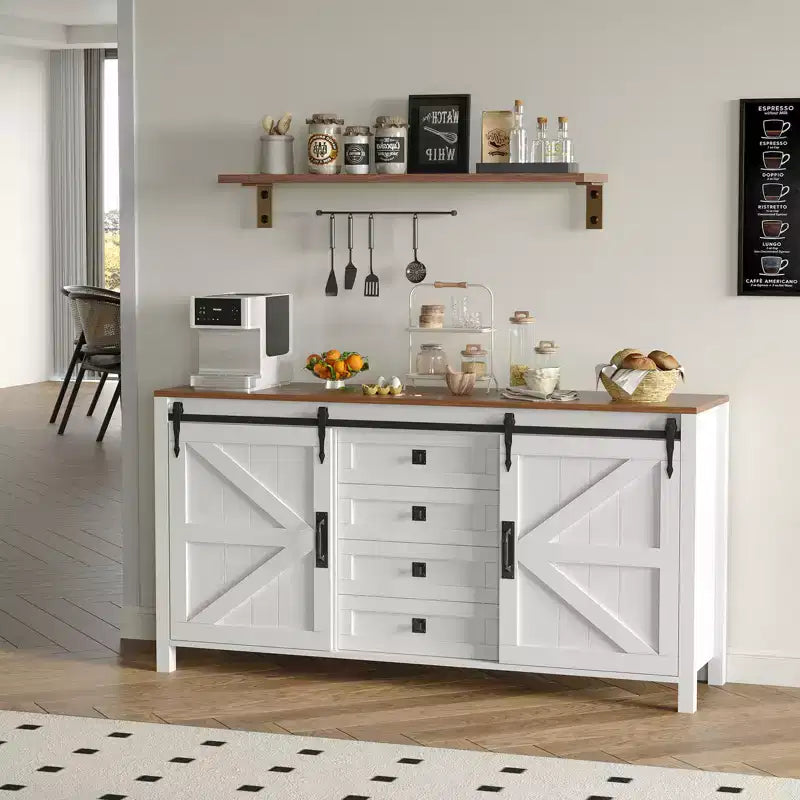 60 Farmhouse Sideboard Buffet Cabinet with Sliding Barn Doors & 4 Drawers, TV Stand Coffee Bar Console Table Kitchen Cabinet with Storage