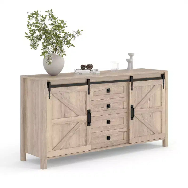 60 Farmhouse Sideboard Buffet Cabinet with Sliding Barn Doors & 4 Drawers, TV Stand Coffee Bar Console Table Kitchen Cabinet with Storage