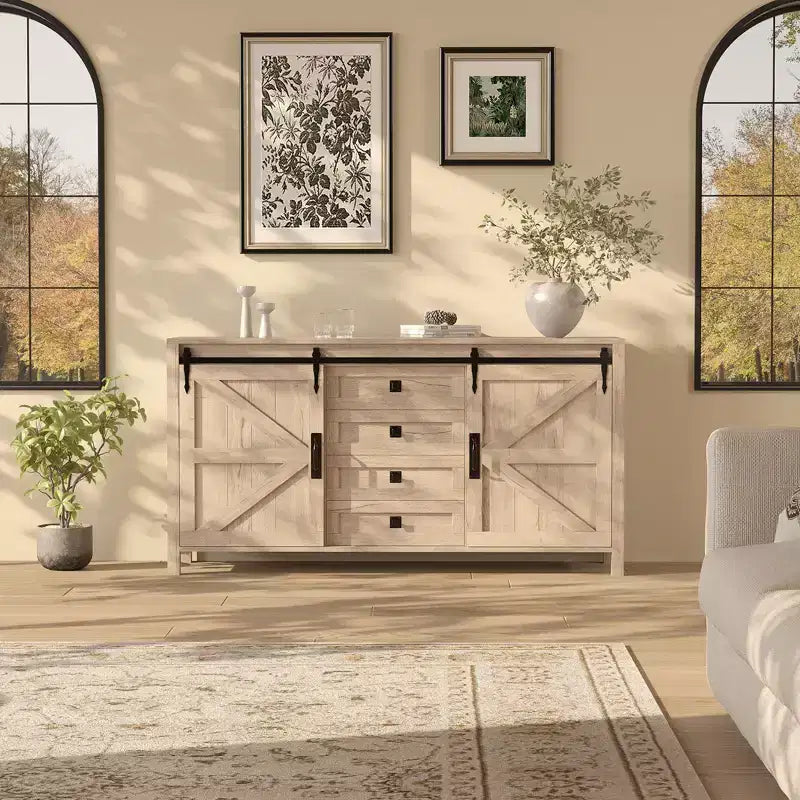 60 Farmhouse Sideboard Buffet Cabinet with Sliding Barn Doors & 4 Drawers, TV Stand Coffee Bar Console Table Kitchen Cabinet with Storage
