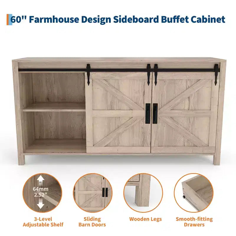 60 Farmhouse Sideboard Buffet Cabinet with Sliding Barn Doors & 4 Drawers, TV Stand Coffee Bar Console Table Kitchen Cabinet with Storage
