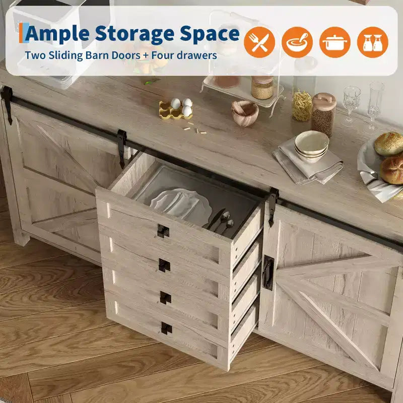 60 Farmhouse Sideboard Buffet Cabinet with Sliding Barn Doors & 4 Drawers, TV Stand Coffee Bar Console Table Kitchen Cabinet with Storage