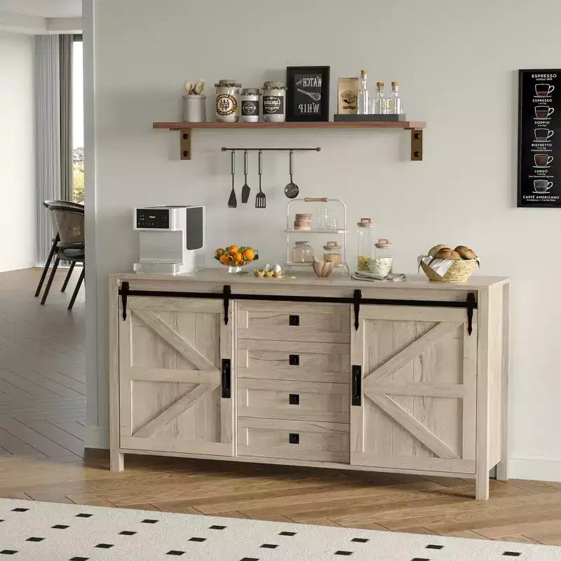 60 Farmhouse Sideboard Buffet Cabinet with Sliding Barn Doors & 4 Drawers, TV Stand Coffee Bar Console Table Kitchen Cabinet with Storage