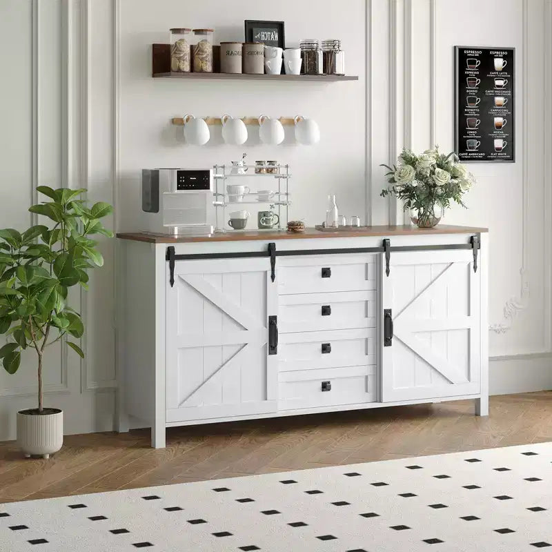 60 Farmhouse Sideboard Buffet Cabinet with Sliding Barn Doors & 4 Drawers, TV Stand Coffee Bar Console Table Kitchen Cabinet with Storage