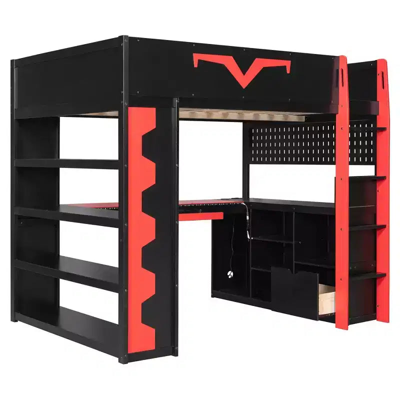 Luxystar Modern Gaming Full Loft Bed With Lighted Desk And Keyboard Tray, Pegboard, Storage Bookcase