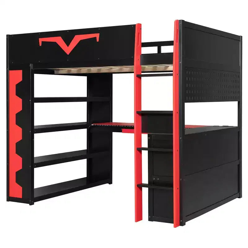 Luxystar Modern Gaming Full Loft Bed With Lighted Desk And Keyboard Tray, Pegboard, Storage Bookcase