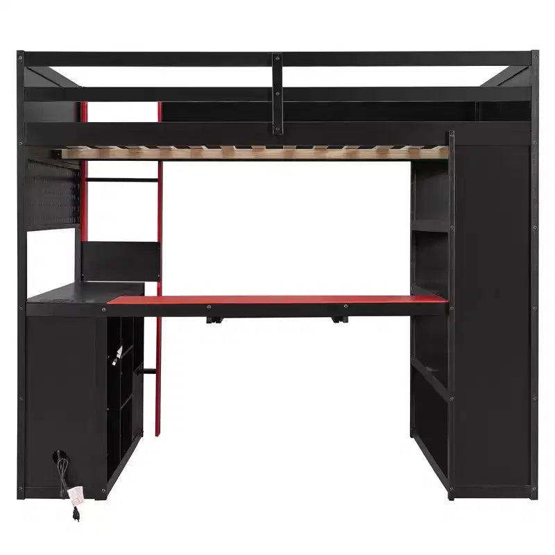 Luxystar Modern Gaming Full Loft Bed With Lighted Desk And Keyboard Tray, Pegboard, Storage Bookcase