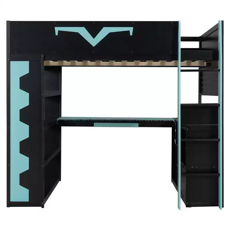Luxystar Modern Gaming Full Loft Bed With Lighted Desk And Keyboard Tray, Pegboard, Storage Bookcase